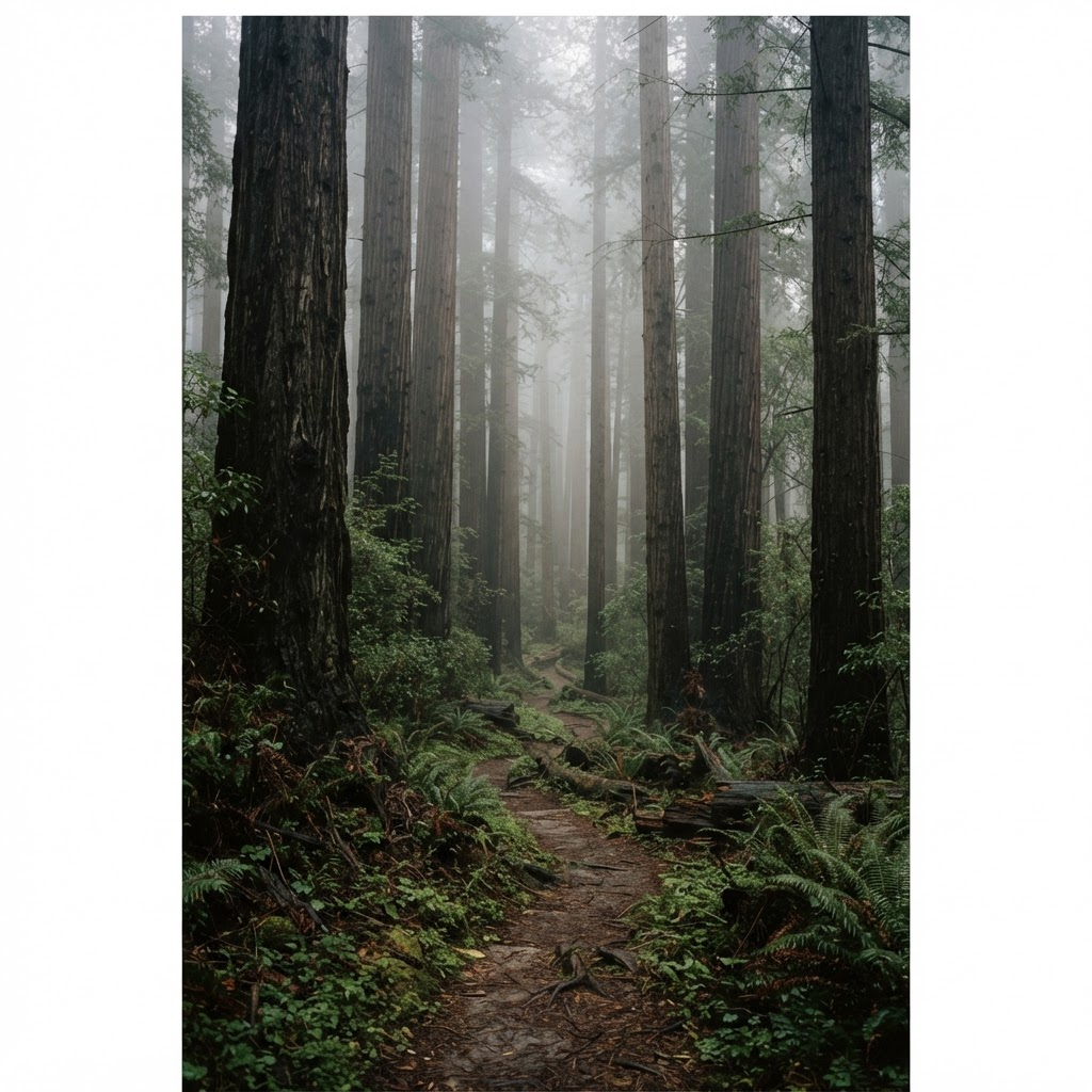 A quiet trail through a misty old-growth redwood forest