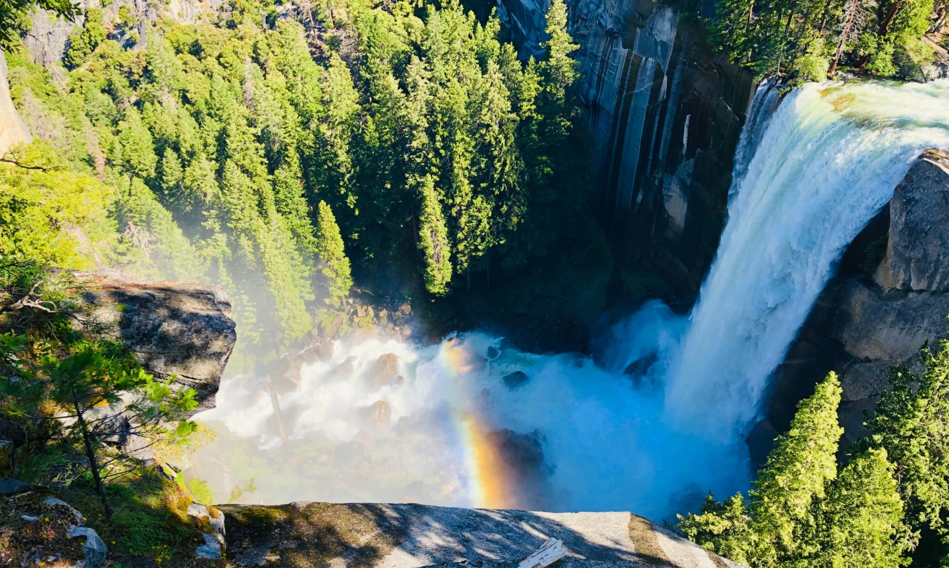 A Yosemite valley waterfall with a rainbow arcing over the forest below